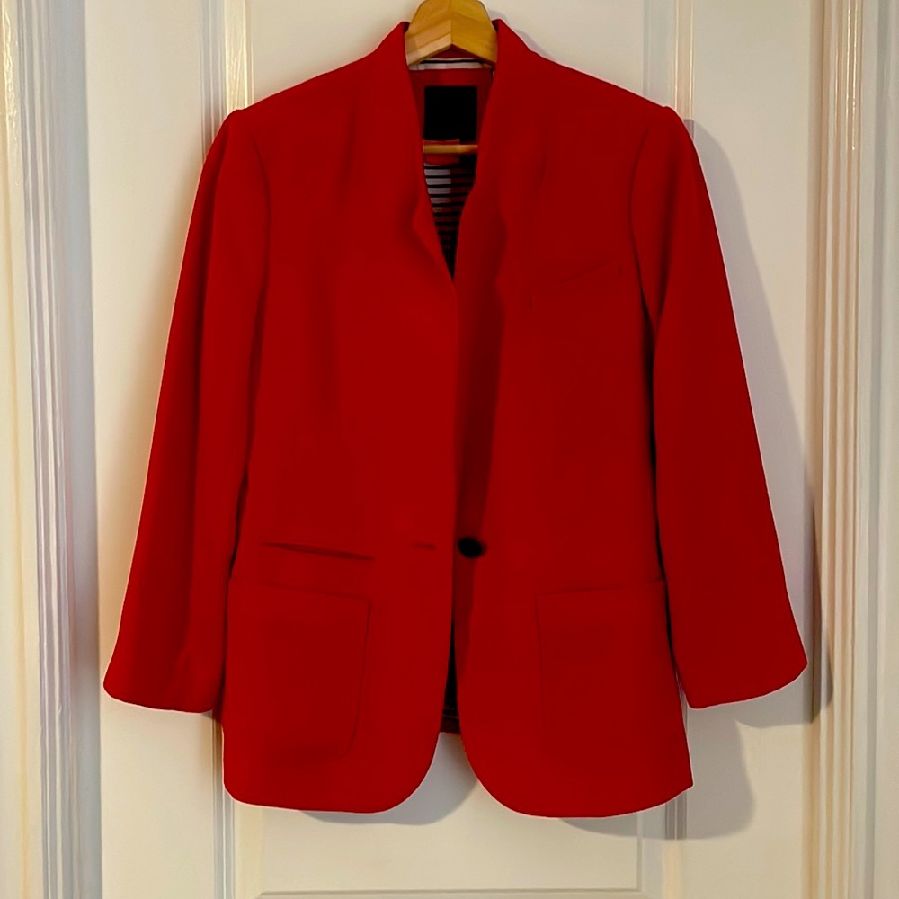 Express women’s  blazer. Red. Size small. Lined with blue and while stripes.
